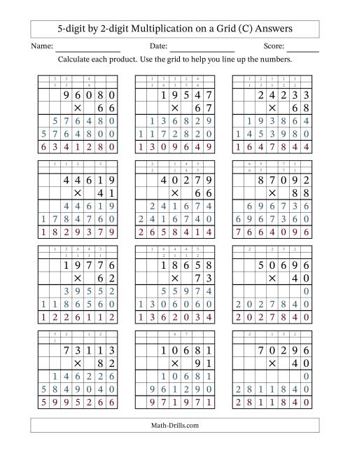 The 5-digit by 2-digit Multiplication with Grid Support Including Regrouping (C) Math Worksheet Page 2