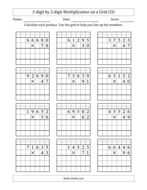 The 5-digit by 2-digit Multiplication with Grid Support Including Regrouping (D) Math Worksheet