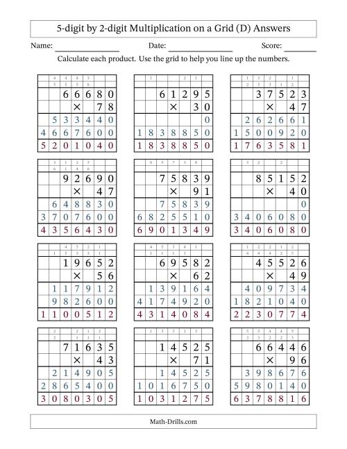 The 5-digit by 2-digit Multiplication with Grid Support Including Regrouping (D) Math Worksheet Page 2