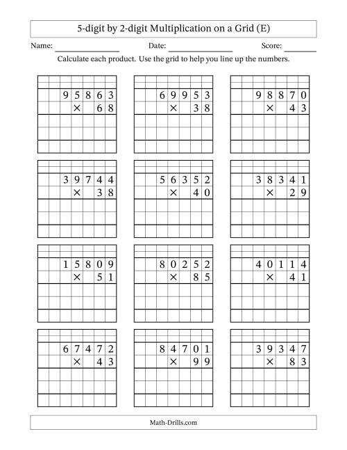 The 5-digit by 2-digit Multiplication with Grid Support Including Regrouping (E) Math Worksheet