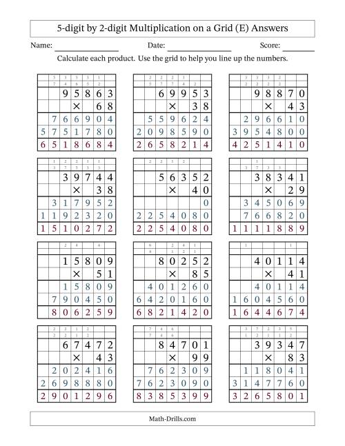The 5-digit by 2-digit Multiplication with Grid Support Including Regrouping (E) Math Worksheet Page 2
