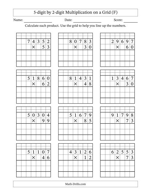 The 5-digit by 2-digit Multiplication with Grid Support Including Regrouping (F) Math Worksheet