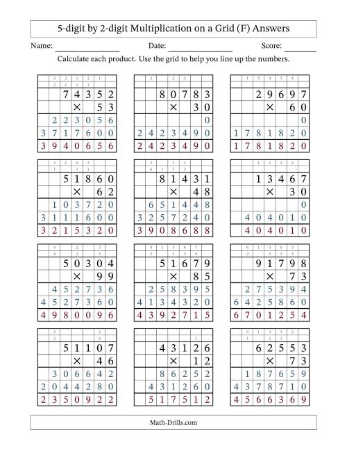 The 5-digit by 2-digit Multiplication with Grid Support Including Regrouping (F) Math Worksheet Page 2