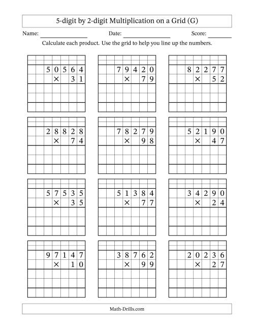 The 5-digit by 2-digit Multiplication with Grid Support Including Regrouping (G) Math Worksheet