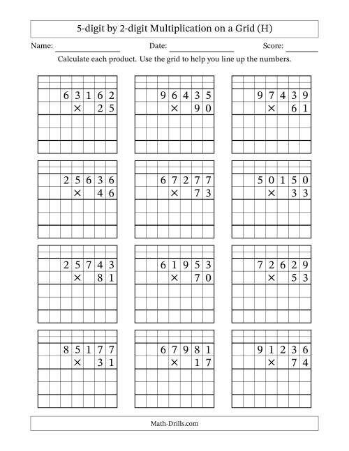 The 5-digit by 2-digit Multiplication with Grid Support Including Regrouping (H) Math Worksheet