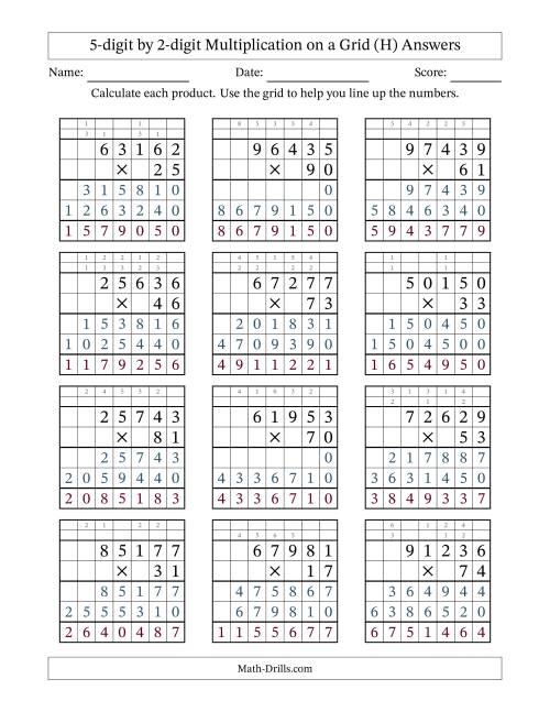 The 5-digit by 2-digit Multiplication with Grid Support Including Regrouping (H) Math Worksheet Page 2