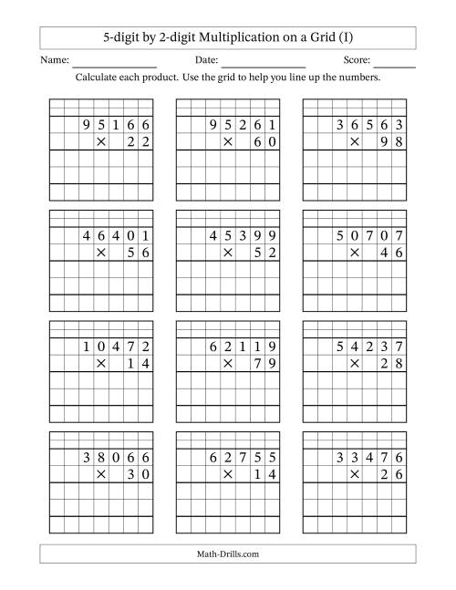 The 5-digit by 2-digit Multiplication with Grid Support Including Regrouping (I) Math Worksheet