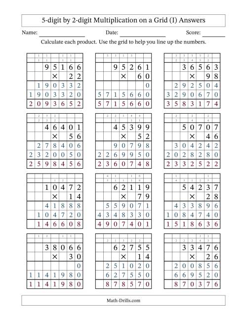 The 5-digit by 2-digit Multiplication with Grid Support Including Regrouping (I) Math Worksheet Page 2