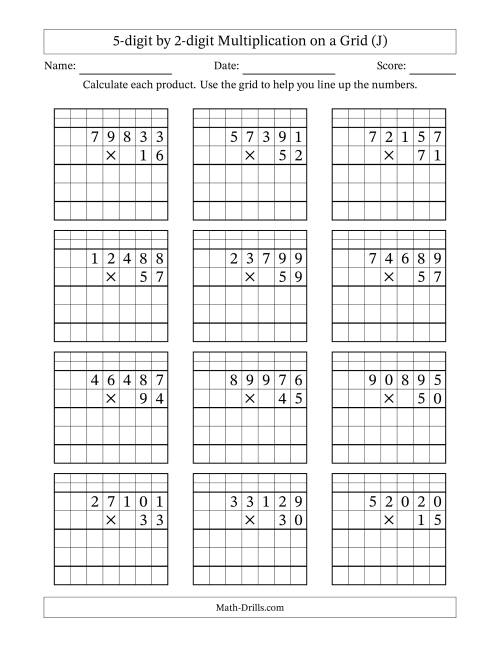The 5-digit by 2-digit Multiplication with Grid Support Including Regrouping (J) Math Worksheet