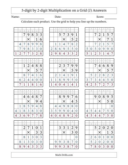 The 5-digit by 2-digit Multiplication with Grid Support Including Regrouping (J) Math Worksheet Page 2