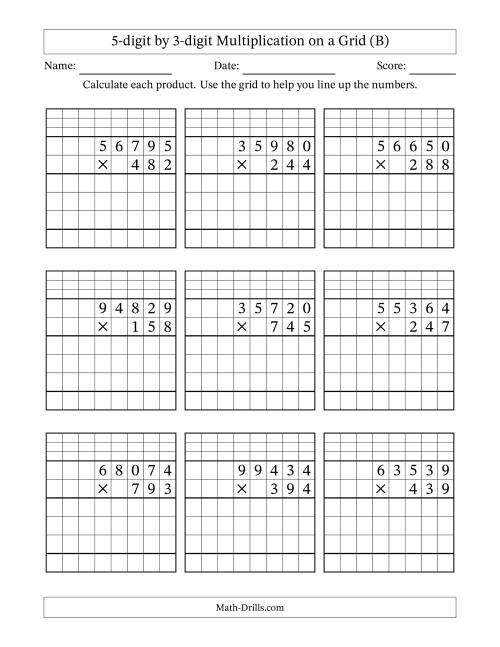 The 5-digit by 3-digit Multiplication with Grid Support Including Regrouping (B) Math Worksheet