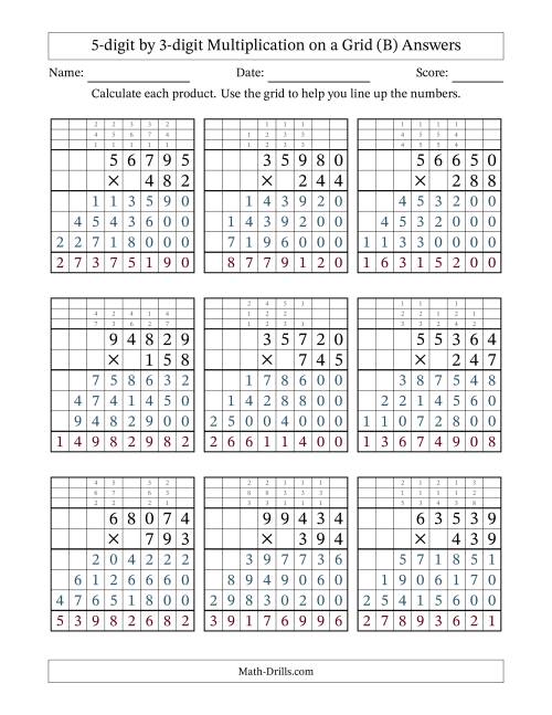 The 5-digit by 3-digit Multiplication with Grid Support Including Regrouping (B) Math Worksheet Page 2