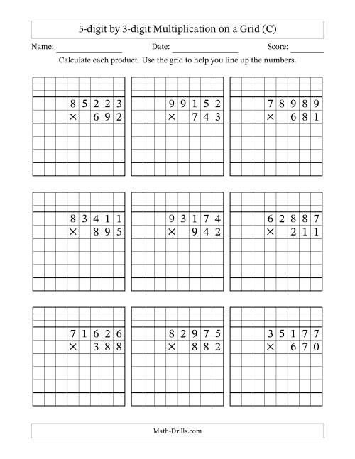 The 5-digit by 3-digit Multiplication with Grid Support Including Regrouping (C) Math Worksheet