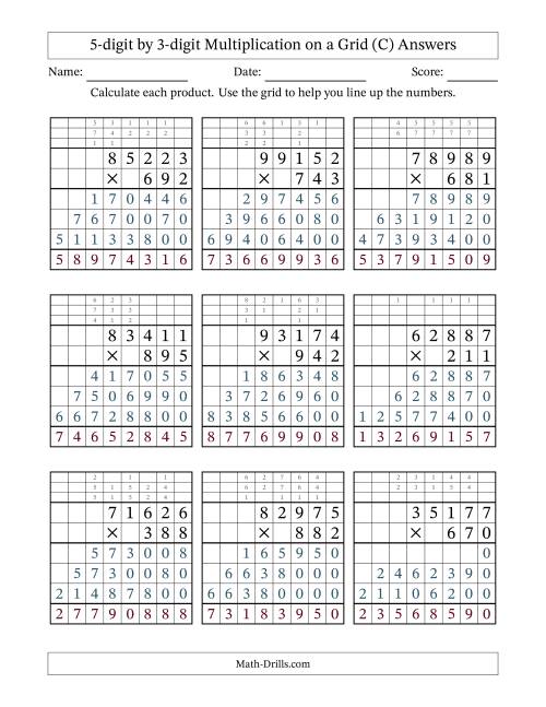 The 5-digit by 3-digit Multiplication with Grid Support Including Regrouping (C) Math Worksheet Page 2