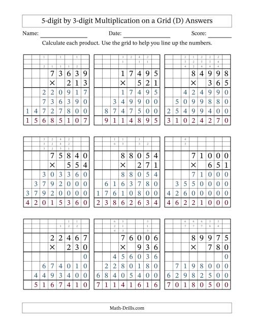 The 5-digit by 3-digit Multiplication with Grid Support Including Regrouping (D) Math Worksheet Page 2