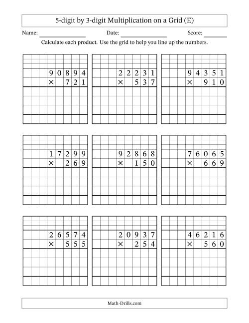 The 5-digit by 3-digit Multiplication with Grid Support Including Regrouping (E) Math Worksheet
