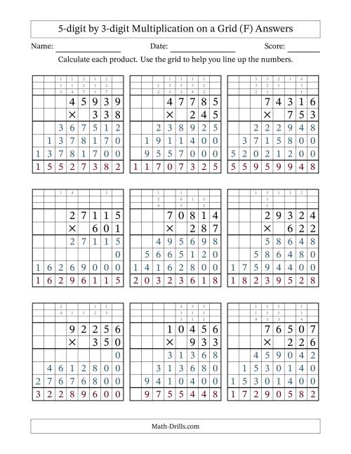 The 5-digit by 3-digit Multiplication with Grid Support Including Regrouping (F) Math Worksheet Page 2