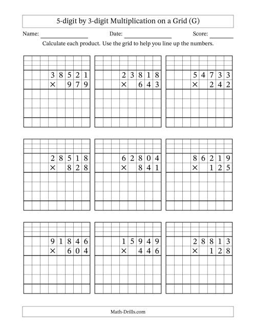The 5-digit by 3-digit Multiplication with Grid Support Including Regrouping (G) Math Worksheet