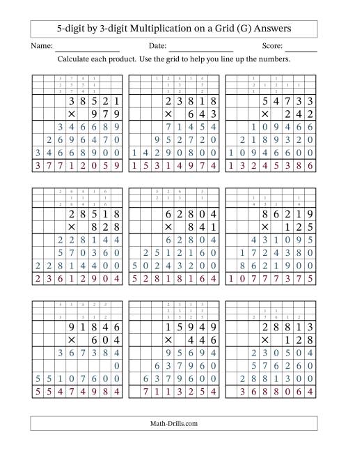 The 5-digit by 3-digit Multiplication with Grid Support Including Regrouping (G) Math Worksheet Page 2