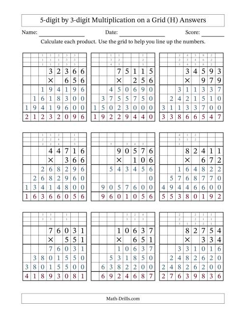 The 5-digit by 3-digit Multiplication with Grid Support Including Regrouping (H) Math Worksheet Page 2