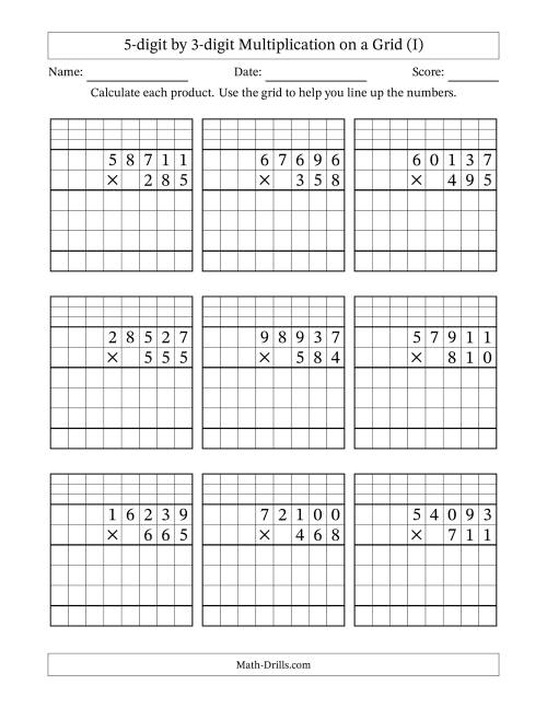 The 5-digit by 3-digit Multiplication with Grid Support Including Regrouping (I) Math Worksheet