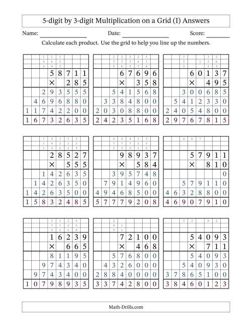 The 5-digit by 3-digit Multiplication with Grid Support Including Regrouping (I) Math Worksheet Page 2