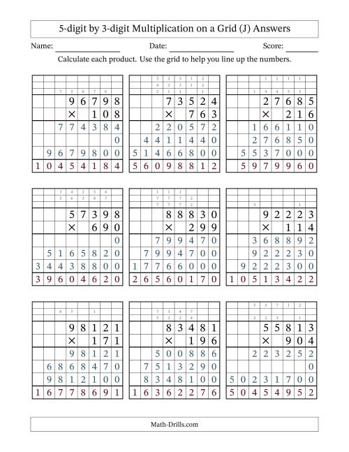 The 5-digit by 3-digit Multiplication with Grid Support Including Regrouping (J) Math Worksheet Page 2