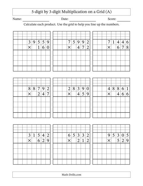 The 5-digit by 3-digit Multiplication with Grid Support Including Regrouping (All) Math Worksheet