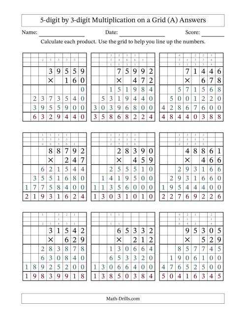 The 5-digit by 3-digit Multiplication with Grid Support Including Regrouping (All) Math Worksheet Page 2