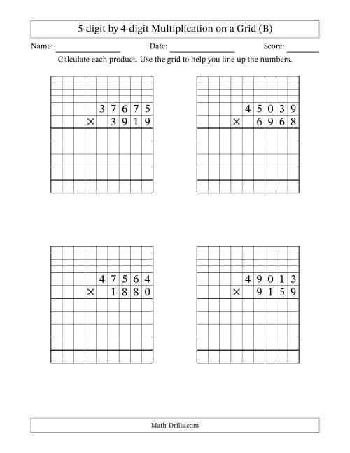 The 5-digit by 4-digit Multiplication with Grid Support Including Regrouping (B) Math Worksheet