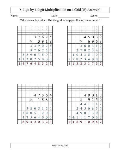 The 5-digit by 4-digit Multiplication with Grid Support Including Regrouping (B) Math Worksheet Page 2