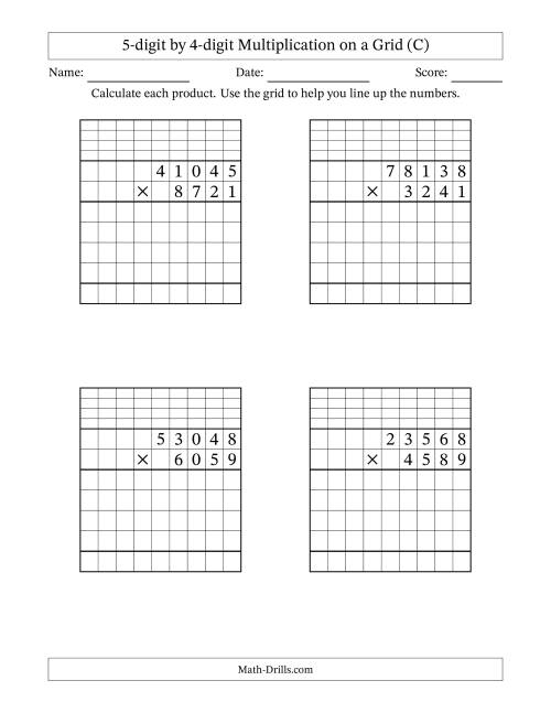 The 5-digit by 4-digit Multiplication with Grid Support Including Regrouping (C) Math Worksheet