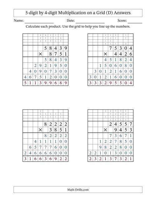 The 5-digit by 4-digit Multiplication with Grid Support Including Regrouping (D) Math Worksheet Page 2