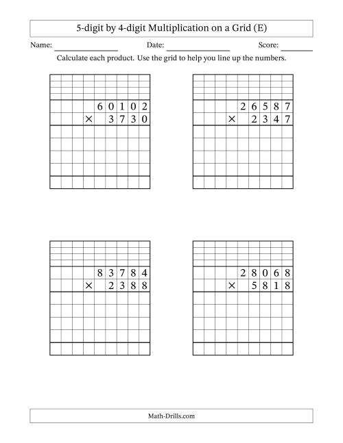 The 5-digit by 4-digit Multiplication with Grid Support Including Regrouping (E) Math Worksheet