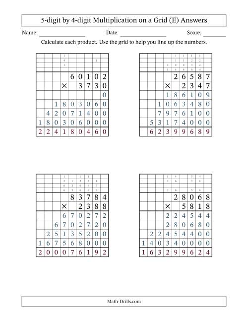The 5-digit by 4-digit Multiplication with Grid Support Including Regrouping (E) Math Worksheet Page 2
