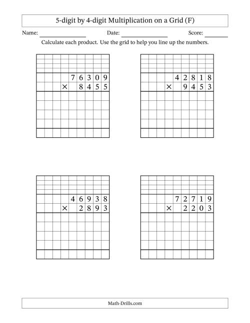 The 5-digit by 4-digit Multiplication with Grid Support Including Regrouping (F) Math Worksheet