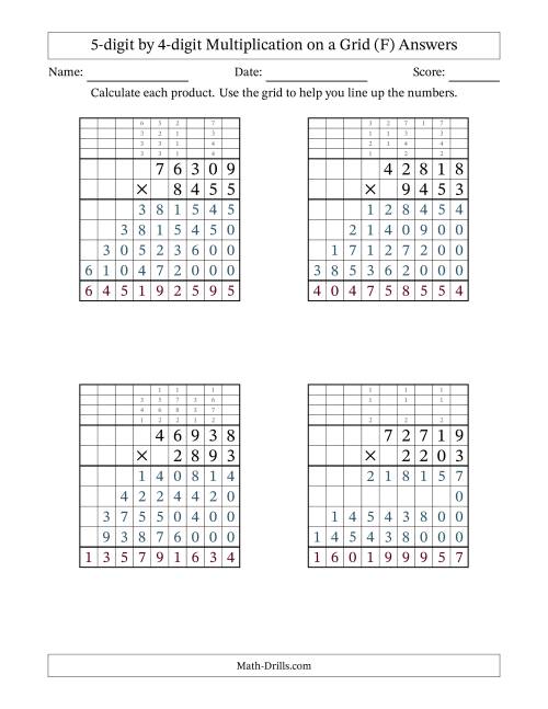 The 5-digit by 4-digit Multiplication with Grid Support Including Regrouping (F) Math Worksheet Page 2
