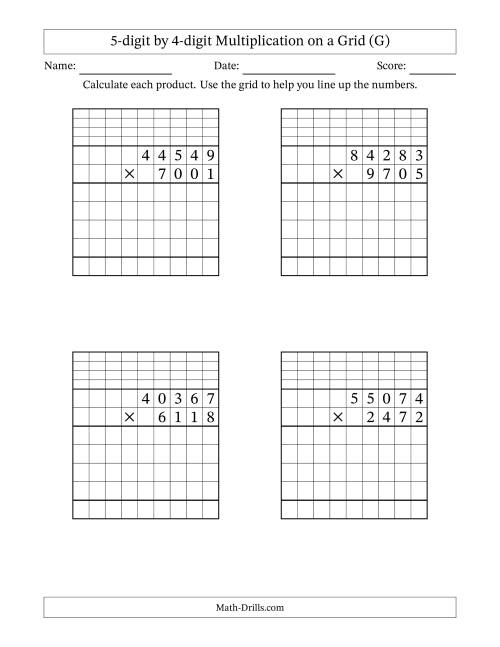 The 5-digit by 4-digit Multiplication with Grid Support Including Regrouping (G) Math Worksheet