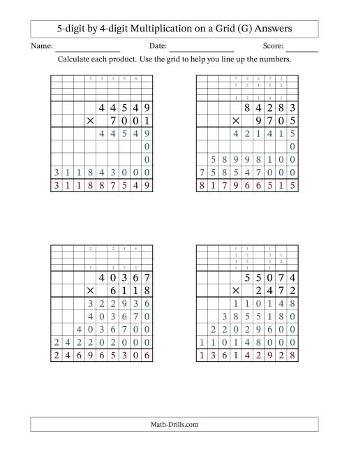 The 5-digit by 4-digit Multiplication with Grid Support Including Regrouping (G) Math Worksheet Page 2