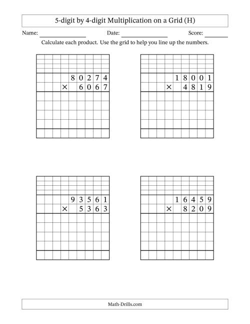 The 5-digit by 4-digit Multiplication with Grid Support Including Regrouping (H) Math Worksheet