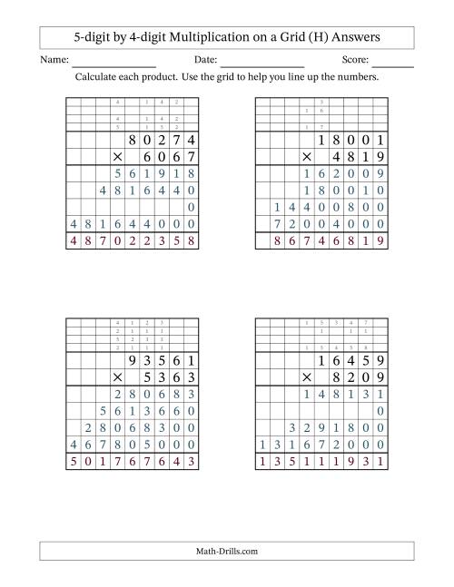 The 5-digit by 4-digit Multiplication with Grid Support Including Regrouping (H) Math Worksheet Page 2