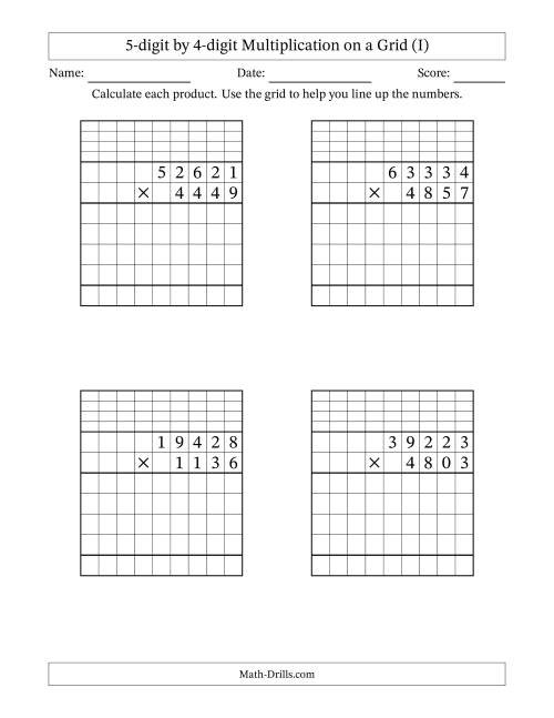 The 5-digit by 4-digit Multiplication with Grid Support Including Regrouping (I) Math Worksheet