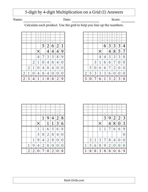The 5-digit by 4-digit Multiplication with Grid Support Including Regrouping (I) Math Worksheet Page 2