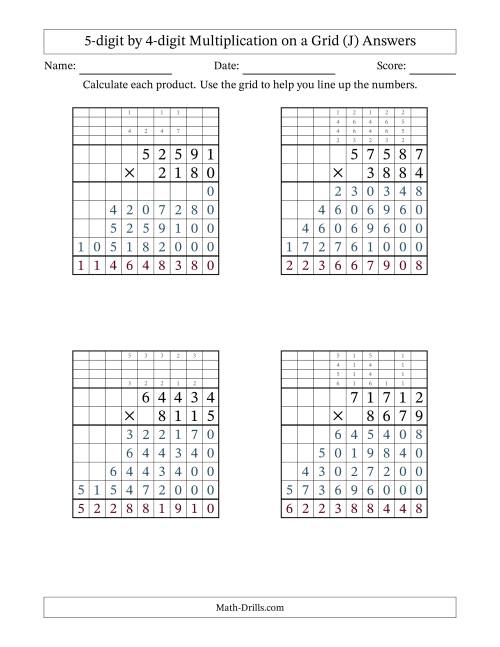 The 5-digit by 4-digit Multiplication with Grid Support Including Regrouping (J) Math Worksheet Page 2