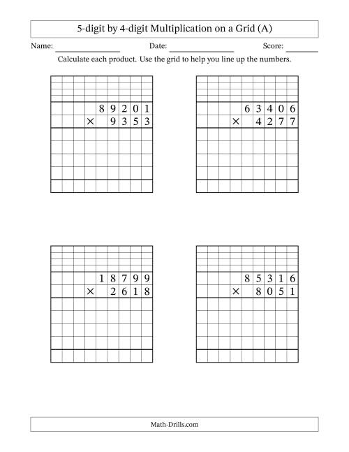 The 5-digit by 4-digit Multiplication with Grid Support Including Regrouping (All) Math Worksheet