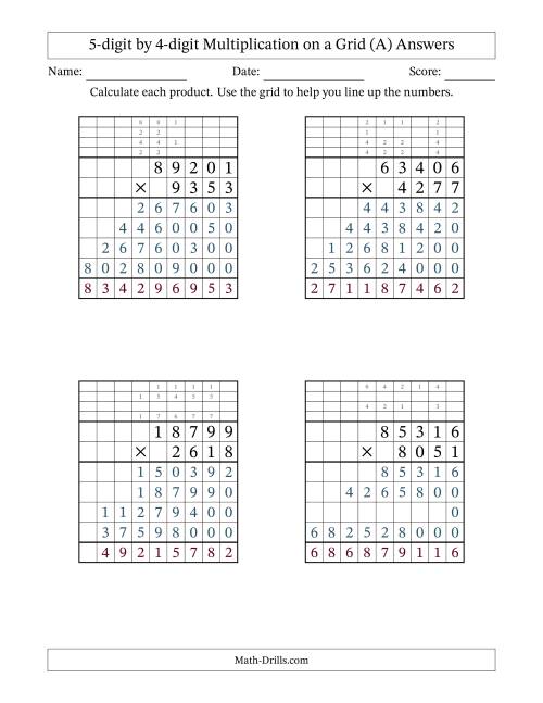 The 5-digit by 4-digit Multiplication with Grid Support Including Regrouping (All) Math Worksheet Page 2