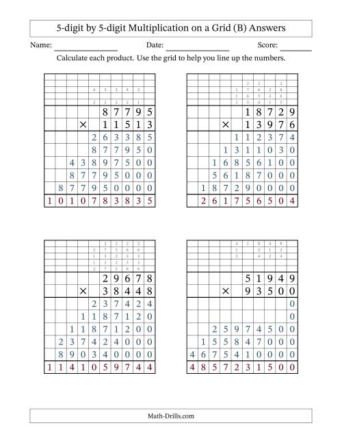 The 5-digit by 5-digit Multiplication with Grid Support Including Regrouping (B) Math Worksheet Page 2