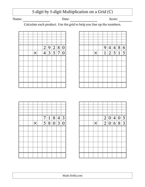 The 5-digit by 5-digit Multiplication with Grid Support Including Regrouping (C) Math Worksheet
