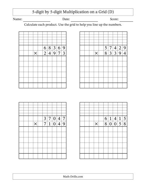 The 5-digit by 5-digit Multiplication with Grid Support Including Regrouping (D) Math Worksheet