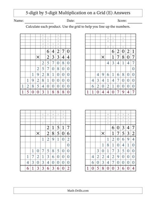 The 5-digit by 5-digit Multiplication with Grid Support Including Regrouping (E) Math Worksheet Page 2